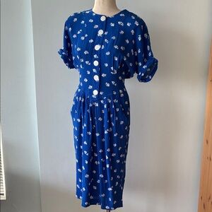 Vintage Blue Patterned Button-Up Dress